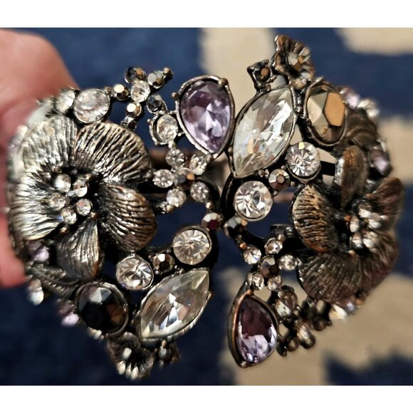 Vintage Floral Crystal Cuff Bracelet With Rhinestones & Gemstones - Picture 2 of 4